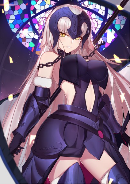 Anime picture 1388x1963 with fate (series) fate/grand order jeanne d'arc (fate) (all) jeanne d'arc alter (fate) jeanne d'arc alter (avenger) (third ascension) (fate) langya beike single tall image looking at viewer fringe breasts light erotic standing bare shoulders yellow eyes silver hair ahoge blunt bangs very long hair parted lips