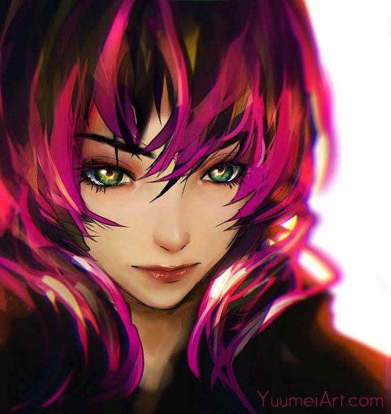 Anime picture 1000x1058 with fisheye placebo yuumei single long hair tall image looking at viewer fringe black hair simple background hair between eyes white background green eyes signed pink hair purple hair multicolored hair portrait girl