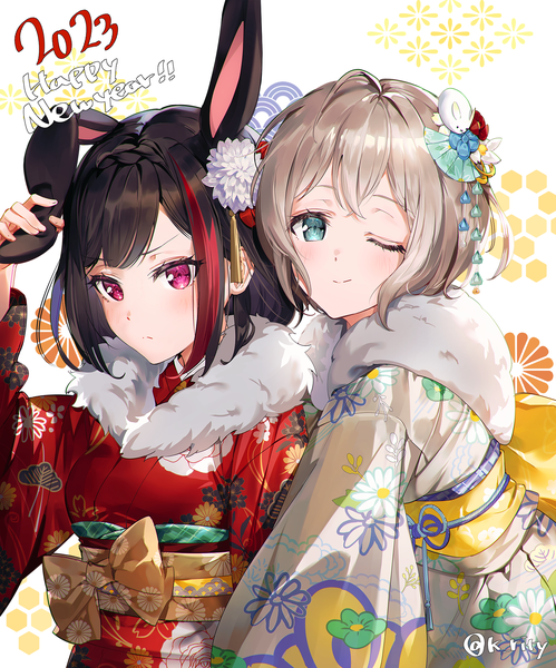 Anime picture 1642x1974 with bang dream! mitake ran aoba moca rity tall image short hair black hair blonde hair multiple girls animal ears traditional clothes japanese clothes one eye closed pink eyes multicolored hair aqua eyes bunny ears streaked hair floral print new year