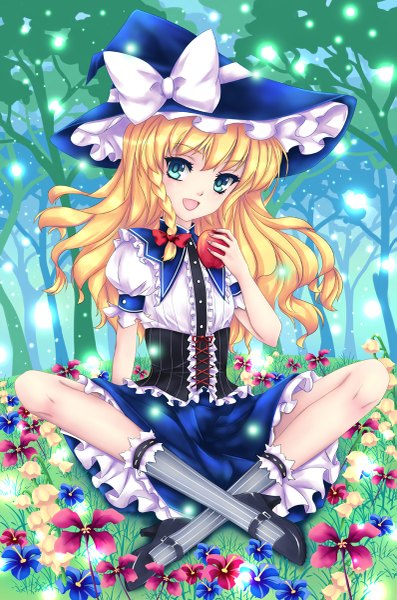 Anime picture 795x1200 with touhou kirisame marisa fred0092 single long hair tall image looking at viewer open mouth blue eyes blonde hair sitting witch indian style girl dress flower (flowers) bow witch hat fruit apple