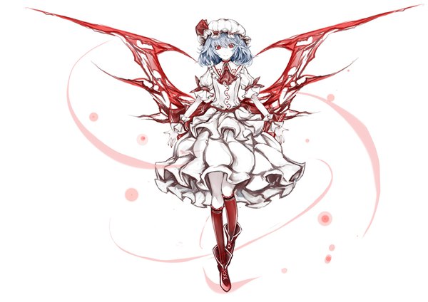 Anime-Bild 4096x2896 mit touhou remilia scarlet yutapon single looking at viewer fringe highres short hair simple background hair between eyes red eyes white background blue hair absurdres full body parted lips short sleeves puffy sleeves spread arms demon wings
