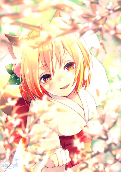 Anime picture 1417x2000 with original chita (ketchup) single tall image looking at viewer blush fringe short hair open mouth blonde hair smile hair between eyes red eyes standing signed animal ears tail traditional clothes japanese clothes animal tail