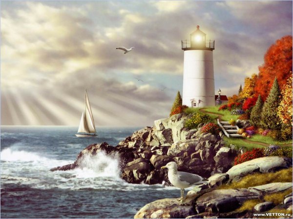 Anime picture 1280x960 with cloud (clouds) sunlight landscape autumn rock animal water bird (birds) watercraft boat lighthouse sailing-ship