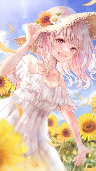 Anime picture 990x1760 with original ginniroya single long hair tall image open mouth signed silver hair outdoors :d twitter username silver eyes summer adjusting hat girl dress flower (flowers) hat white dress straw hat