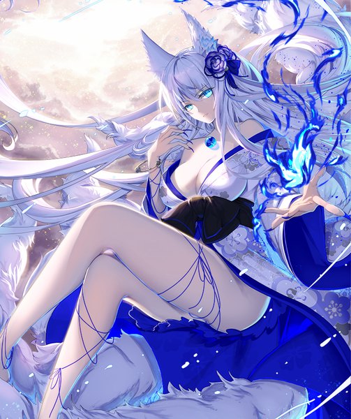 Anime picture 704x839 with original aruku single tall image looking at viewer fringe breasts blue eyes light erotic hair between eyes bare shoulders animal ears cleavage silver hair tail very long hair traditional clothes parted lips japanese clothes animal tail
