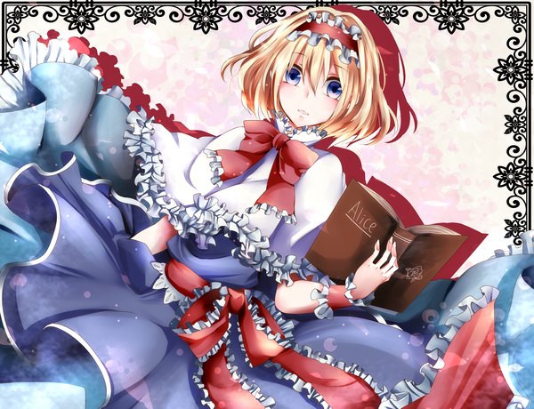 Anime picture 2800x2149 with touhou alice margatroid single blush highres short hair blue eyes blonde hair girl dress frills hairband bowtie book (books)