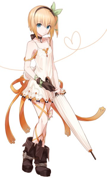 Anime picture 500x830 with tales of (series) tales of zestiria edna (tales) shirako miso single tall image looking at viewer fringe short hair blue eyes simple background blonde hair standing white background one side up strap slip pale skin closed umbrella heart of string girl