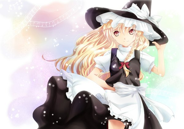 Anime picture 1500x1056 with touhou kirisame marisa milk w1022 single long hair looking at viewer blonde hair brown eyes braid (braids) witch girl dress skirt bow hair bow witch hat skirt set