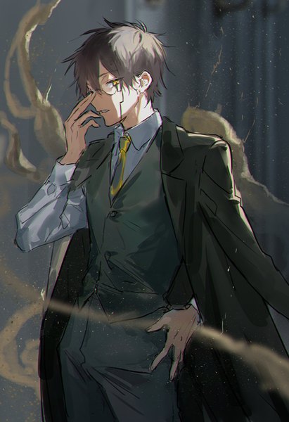 Anime-Bild 695x1014 mit mashle a-1 pictures orter madl mm39572 single tall image looking at viewer fringe short hair hair between eyes brown hair yellow eyes hand on hip clothes on shoulders adjusting glasses boy glasses necktie suit