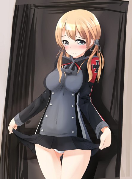 Anime picture 744x1004 with kantai collection prinz eugen (kantai collection) nekobaka single long hair tall image looking at viewer blush fringe breasts blue eyes light erotic blonde hair twintails pleated skirt embarrassed girl skirt uniform underwear