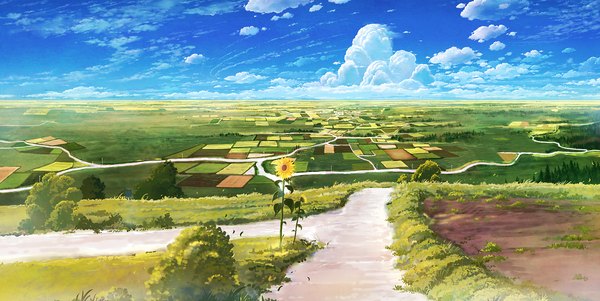Anime picture 2500x1258 with original cola (pixiv) highres wide image sky cloud (clouds) landscape nature field plant (plants) tree (trees) sunflower road