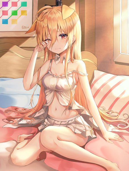 Anime picture 2534x3350 with girls frontline g41 (girls frontline) kerno single long hair tall image blush fringe highres blonde hair hair between eyes red eyes sitting animal ears payot ahoge indoors pleated skirt one eye closed sunlight