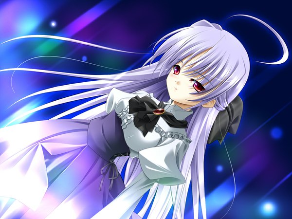 Anime picture 1024x768 with argenteumastrum single long hair red eyes silver hair ahoge girl dress brooch