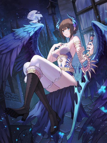 Anime picture 3000x4000 with original kimsw0522 single tall image looking at viewer highres short hair breasts blue eyes light erotic brown hair sitting cleavage night from below sideboob girl thighhighs weapon white thighhighs