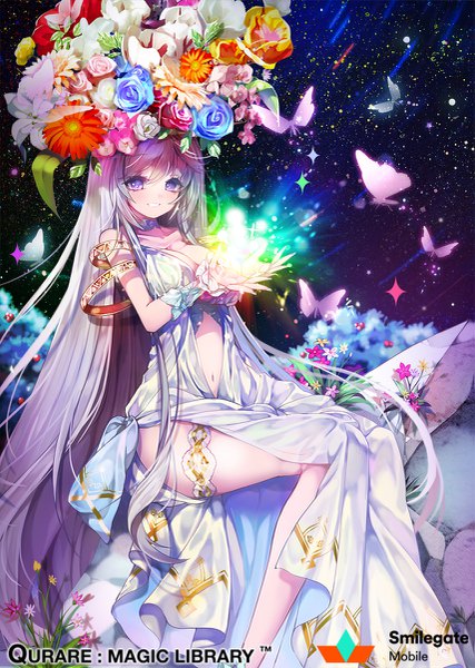 Anime picture 855x1200 with qurare: magic library kanola u single tall image looking at viewer blush fringe breasts light erotic smile hair between eyes large breasts sitting purple eyes purple hair very long hair multicolored hair hair flower grey hair glowing