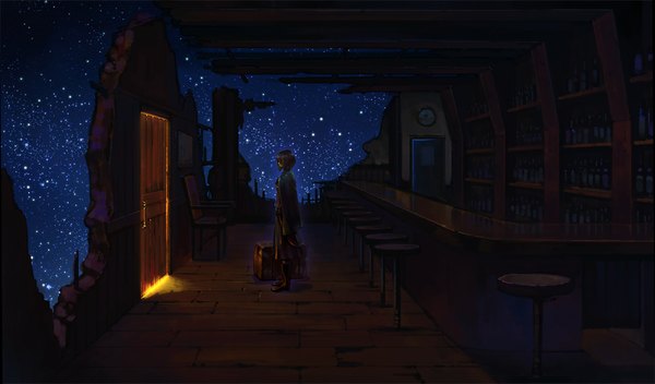 Anime picture 1000x588 with original oropi (artist) short hair brown hair wide image standing profile night night sky light destruction girl skirt star (stars) cape knee boots chair room door suitcase