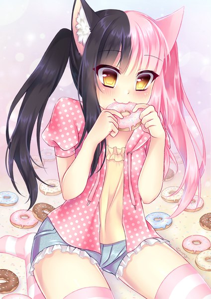 Anime picture 2480x3507 with original chipsy kura single long hair tall image blush highres black hair sitting twintails animal ears yellow eyes pink hair multicolored hair cat ears two-tone hair cat girl puffy sleeves eating polka dot