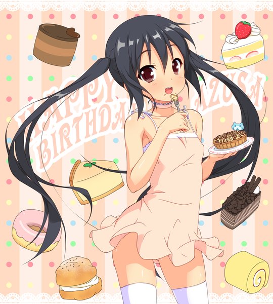 Anime-Bild 1800x2000 mit k-on! kyoto animation nakano azusa k10k single long hair tall image blush highres open mouth black hair twintails brown eyes loli eating happy birthday girl thighhighs white thighhighs food