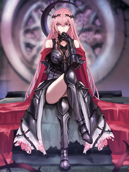 Anime picture 1200x1600 with girls frontline negev (girls' frontline) mmm (ji1945) single long hair tall image looking at viewer fringe breasts light erotic hair between eyes red eyes sitting bare shoulders pink hair full body braid (braids) parted lips blurry depth of field