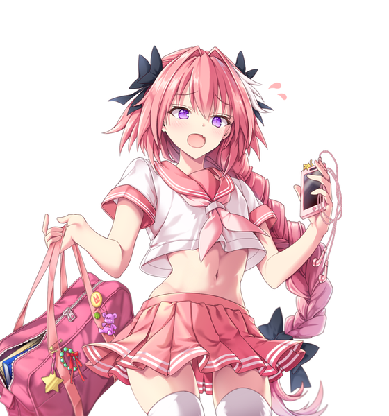 Anime-Bild 760x814 mit fate (series) fate/grand order fate/apocrypha astolfo (fate) uchuu gorira single long hair tall image blush fringe open mouth simple background hair between eyes standing white background purple eyes holding pink hair braid (braids) multicolored hair