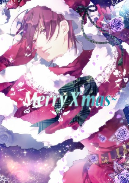 Anime picture 705x1000 with vocaloid akaito hanei riri (artist) single tall image fringe short hair red eyes holding looking away red hair lips sparkle fur trim text christmas merry christmas boy gloves flower (flowers)