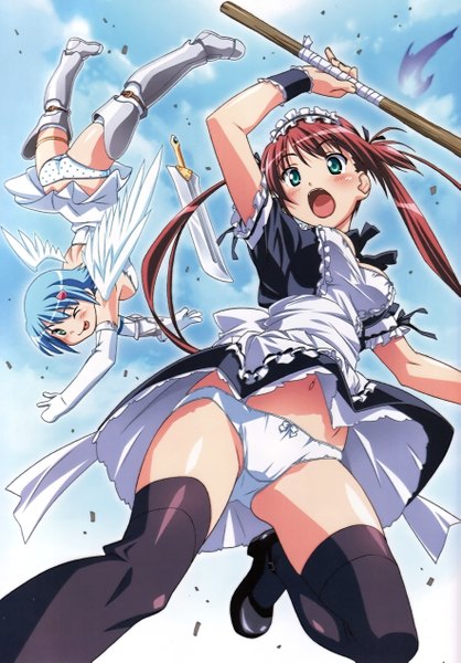 Anime picture 3532x5074 with queen's blade airi (queen's blade) nanael kuuchuu yousai tall image blush highres short hair open mouth light erotic twintails multiple girls green eyes blue hair absurdres red hair one eye closed wink maid falling