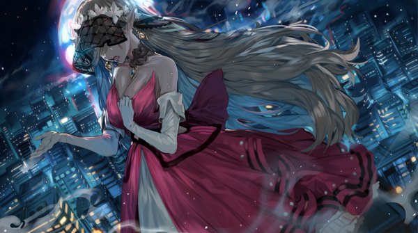 Anime picture 1326x741 with ran (pixiv2957827) single long hair breasts open mouth wide image bare shoulders cleavage pointy ears grey hair night night sky city cityscape hair over eyes girl dress gloves earrings choker