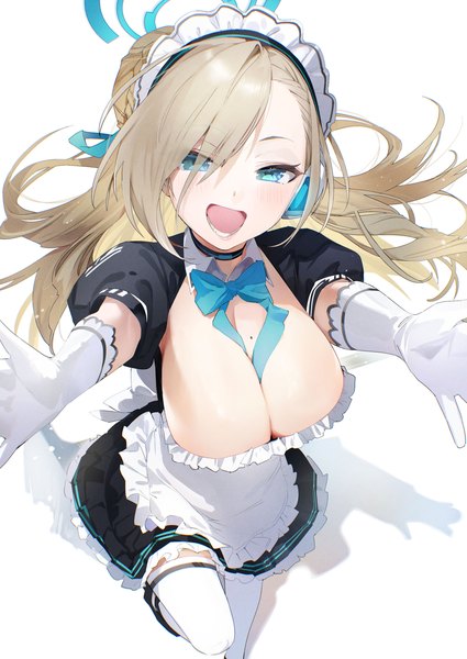 Anime-Bild 2500x3530 mit blue archive asuna (blue archive) yanyo (ogino atsuki) single long hair tall image looking at viewer blush fringe highres breasts open mouth blue eyes light erotic simple background blonde hair smile large breasts standing white background