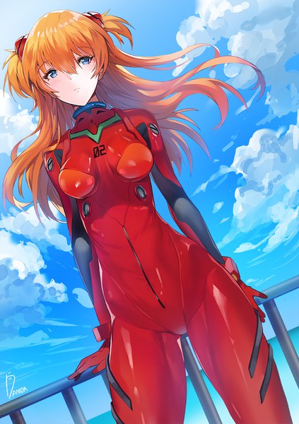 Anime picture 705x1000 with neon genesis evangelion gainax soryu asuka langley damda single long hair tall image looking at viewer blush fringe breasts blue eyes light erotic hair between eyes standing signed sky cloud (clouds) outdoors wind