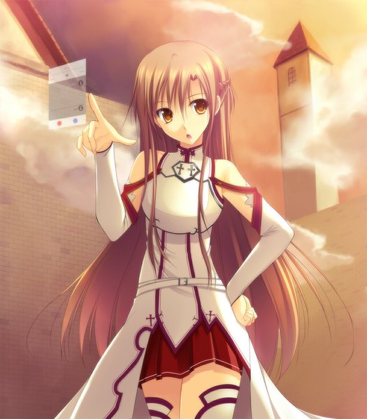 Anime-Bild 1000x1143 mit sword art online a-1 pictures yuuki asuna takepon (artist) single long hair tall image open mouth brown hair bare shoulders brown eyes hand on hip girl dress skirt detached sleeves miniskirt