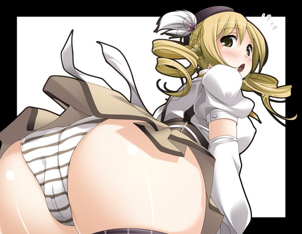 Anime picture 1800x1400 with mahou shoujo madoka magica shaft (studio) tomoe mami blush highres open mouth light erotic blonde hair twintails yellow eyes ass drill hair girl underwear panties
