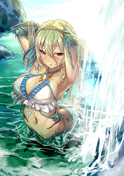 Anime picture 2149x3035 with original nekotama1987 tall image highres breasts light erotic blonde hair red eyes large breasts cleavage multicolored hair green hair arms up armpit (armpits) partially submerged monster girl waterfall gills girl navel