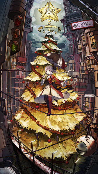 Anime picture 1080x1920 with original natori youkai single long hair tall image looking at viewer smile yellow eyes silver hair christmas fantasy scenic different thighhighs fisheye girl thighhighs dress choker star (symbol) building (buildings)