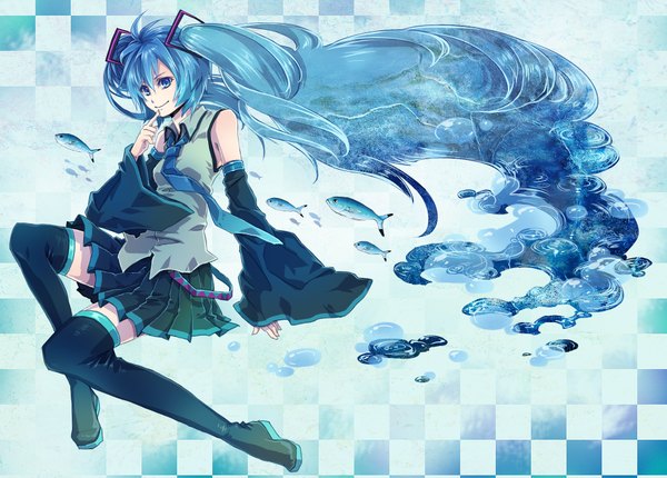 Anime picture 1884x1352 with vocaloid hatsune miku yukimichi (nieko) last c highres blue eyes twintails blue hair very long hair checkered background girl thighhighs detached sleeves necktie fish (fishes)