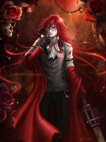 Anime picture 800x1076 with kuroshitsuji a-1 pictures sebastian michaelis grell sutcliff k-koji long hair tall image looking at viewer fringe standing holding green eyes red hair very long hair light smile lips realistic pale skin chibi bloody clothes