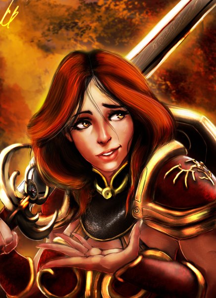 Anime picture 960x1320 with league of legends leona (league of legends) carlos eduardo single long hair tall image smile yellow eyes looking away red hair lips smirk girl weapon sword armor