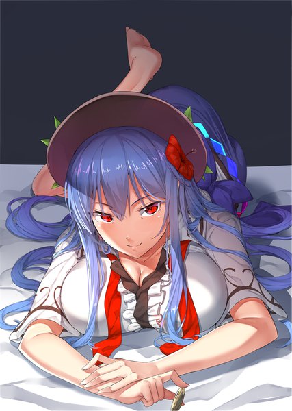 Anime picture 711x1000 with touhou hinanawi tenshi neropaso single long hair tall image looking at viewer blush fringe breasts light erotic simple background smile hair between eyes red eyes large breasts payot blue hair cleavage lying