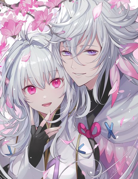 Anime picture 1000x1294 with fate (series) fate/grand order fate/prototype merlin (fate) merlin (fate/prototype) matsurika youko long hair tall image looking at viewer fringe open mouth hair between eyes purple eyes silver hair :d pink eyes girl boy gloves flower (flowers)