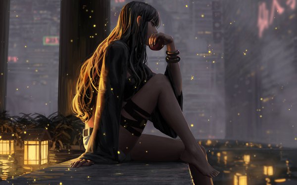 Anime picture 9010x5631 with original guweiz single long hair fringe highres black hair wide image sitting holding looking away absurdres bent knee (knees) outdoors long sleeves profile barefoot black eyes blurry realistic