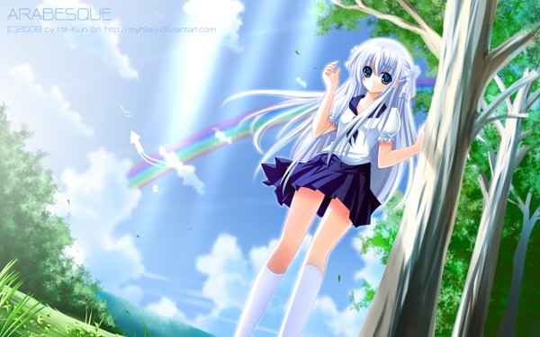 Anime picture 1280x800 with original myhilary single long hair blue eyes wide image sky cloud (clouds) white hair pleated skirt sunlight inscription from below girl uniform plant (plants) school uniform tree (trees) socks white socks