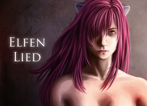 Anime picture 1024x737 with elfen lied arms corporation lucy jelenie08 single long hair looking at viewer fringe light erotic simple background bare shoulders pink hair pink eyes horn (horns) hair over one eye inscription looking up topless girl