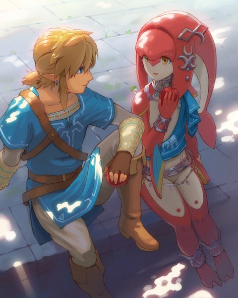 Anime picture 852x1066 with the legend of zelda the legend of zelda: breath of the wild nintendo link mipha saburou (jako) long hair tall image blue eyes blonde hair sitting yellow eyes looking away outdoors pointy ears eye contact girl boy knee boots fruit