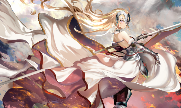 Anime picture 1446x868 with fate (series) fate/apocrypha jeanne d'arc (fate) (all) jeanne d'arc (fate) shengkong (prank) single long hair looking at viewer blush fringe blonde hair hair between eyes wide image standing purple eyes bare shoulders looking back wind bare back girl