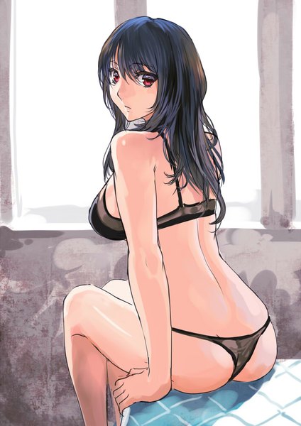 Anime picture 706x1000 with original ranou single long hair tall image looking at viewer blush breasts light erotic black hair large breasts sitting bare shoulders ass looking back underwear only sideboob turning head girl underwear