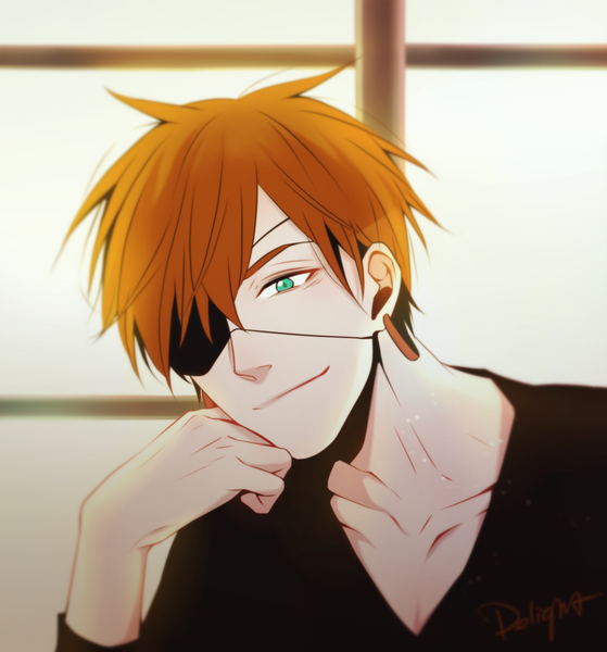 Anime picture 1000x1074 with d.gray-man lavi delight hsia single tall image looking at viewer fringe short hair smile hair between eyes green eyes signed upper body head tilt light smile orange hair portrait chin rest boy earrings