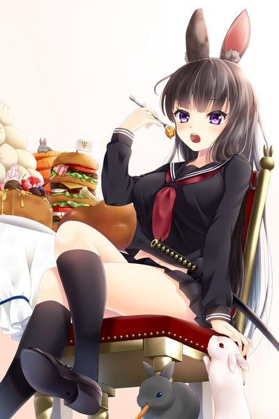 Anime picture 1200x1798 with original hakuda tofu long hair tall image looking at viewer blush fringe open mouth black hair purple eyes holding animal ears ahoge bent knee (knees) pleated skirt bunny ears zettai ryouiki crossed legs bunny girl sheathed