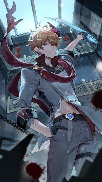 Anime picture 3240x5760 with genshin impact tartaglia (genshin impact) ei (user sjgf2435) single tall image looking at viewer fringe highres short hair blue eyes standing absurdres hair over one eye orange hair from below hand in pocket expressionless blood on face blood stains boy