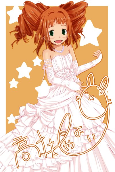 Anime picture 1333x2000 with idolmaster takatsuki yayoi emina single long hair tall image blush open mouth brown hair bare shoulders green eyes drill hair girl dress gloves bow elbow gloves star (symbol) beads