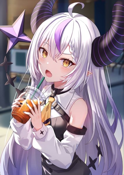 Anime picture 2892x4096 with virtual youtuber hololive la+ darknesss la+ darknesss (1st costume) chacha zo single long hair tall image looking at viewer fringe highres open mouth hair between eyes yellow eyes payot silver hair upper body ahoge tail nail polish