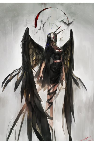 Anime picture 568x873 with original cineraria hxxg single long hair tall image breasts black hair red eyes large breasts signed cleavage full body nail polish barefoot horn (horns) grey background midriff flying angel wings